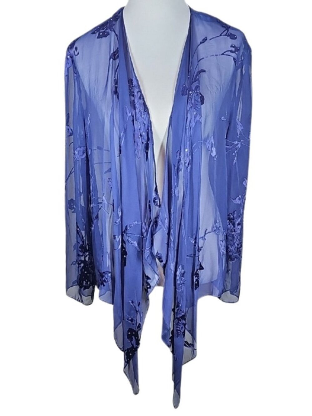 Alex Evenings Silk Sheer Floral Rhinestone Beaded Duster Cardigan Jacket Sz 18